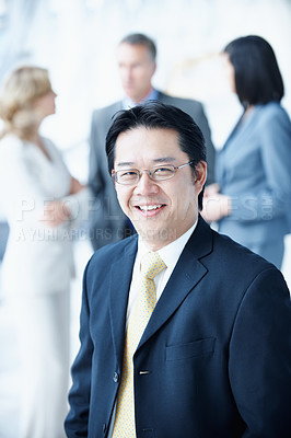 Buy stock photo Portrait, convention and glasses with business man for sales seminar corporate and about us. Negotiation upskill workshop, expo and regional manager with happy employee for conference and smile