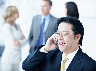 Buy stock photo Phone call, laughing and conference with business man for negotiation, communication and tradeshow update. Networking, conversation and mediator chat with person for joke, expo and convention
