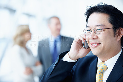 Buy stock photo Phone call, glasses and conference with business man for negotiation, communication and tradeshow update. Networking, conversation and mediator chat with person and mobile for tech and convention
