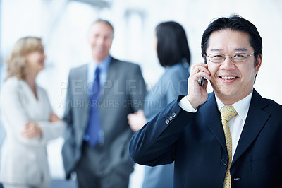 Buy stock photo Phone call, portrait and conference with business man for negotiation, communication and tradeshow update. Networking, conversation and mediator chat with person for event, expo and convention
