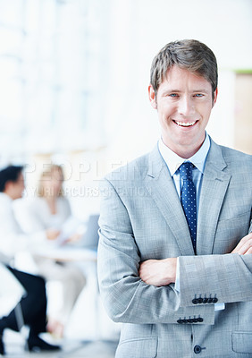 Buy stock photo Businessman, happy or arms crossed in office portrait for legal counsel, case management or justice. Staff, space and attorney at law firm for criminal defense, career integrity or trial leadership