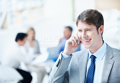 Buy stock photo Phone call, happy and expo with business man for negotiation, communication and tradeshow update. Networking, mobile conversation and mediator chat with person for smile and conference and convention