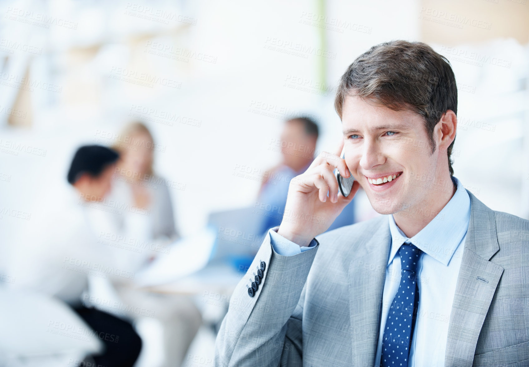 Buy stock photo Phone call, happy and expo with business man for negotiation, communication and tradeshow update. Networking, mobile conversation and mediator chat with person for smile and conference and convention
