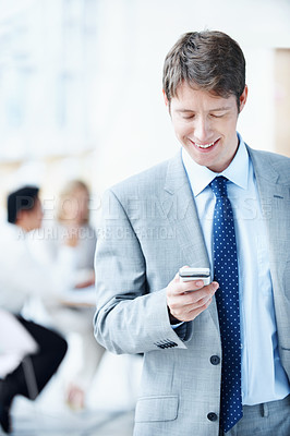 Buy stock photo Phone, typing and business man at conference for communication seminar itinerary or contact. Expo schedule, networking and event venue with person for online notes, keynote speaker list and search