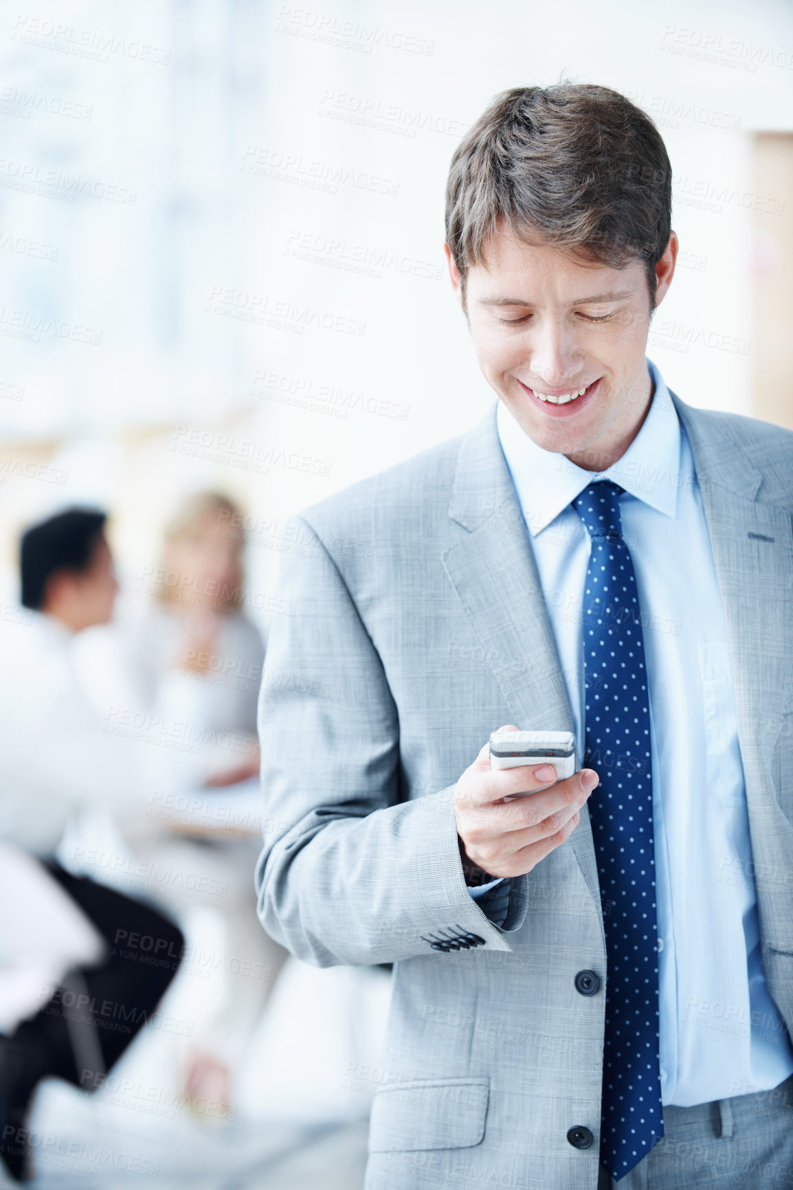 Buy stock photo Phone, typing and business man at conference for communication seminar itinerary or contact. Expo schedule, networking and event venue with person for online notes, keynote speaker list and search