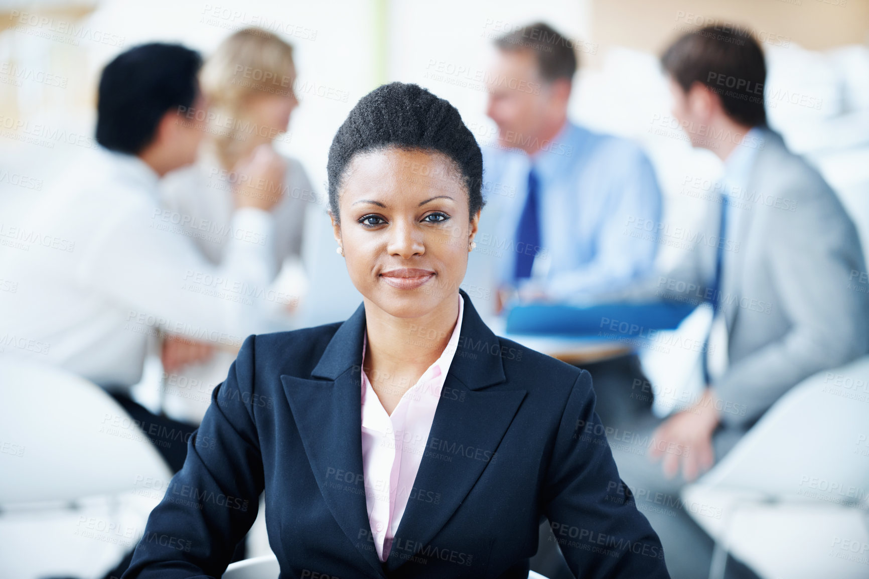 Buy stock photo Corporate, woman or happy with portrait in meeting for legal counsel, career experience or about us. Staff, attorney and confident at law firm for trial preparation, justice and case leader in office