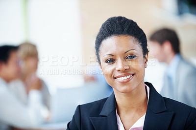Buy stock photo Portrait, happy and workshop with business woman in office for meeting, investment discussion and pride. ROI assets, about us and confidence with employees in agency for stock market research
