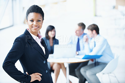 Buy stock photo Portrait, smile and workshop with business woman in office for meeting, investment discussion and pride. ROI assets, about us and confidence with employees in agency for stock market research