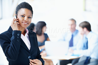 Buy stock photo Business, woman or happy with phone call in meeting for finance deal, investment feedback or space. Portrait, account manager and mobile chat with investor for funding proposal, negotiation or office