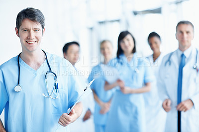 Buy stock photo Nurse, portrait and clipboard with man in hospital for healthcare mission, solidarity and consulting. Medical, community and about us with people in clinic for support, doctor and collaboration