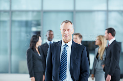 Buy stock photo Portrait, professional and happy with business man for financial summit, coworkers or about us. Broker convention, workshop event and seminar with mature employee in lobby for tradeshow or conference