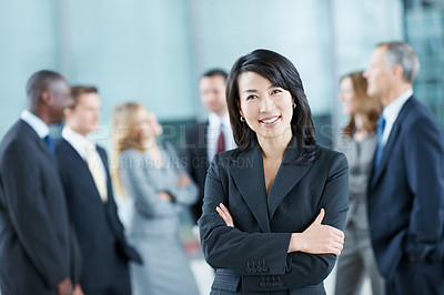 Buy stock photo Arms crossed, conference and portrait of business woman in office for risk analysis event, expo and pride. Corporate summit, insurance broker workshop and about us with employees in lobby at seminar 