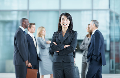 Buy stock photo Arms crossed, leader and portrait of business woman at conference for networking expo, seminar and convention. Tradeshow event, coworking and mission with employees in lobby for about us and forum