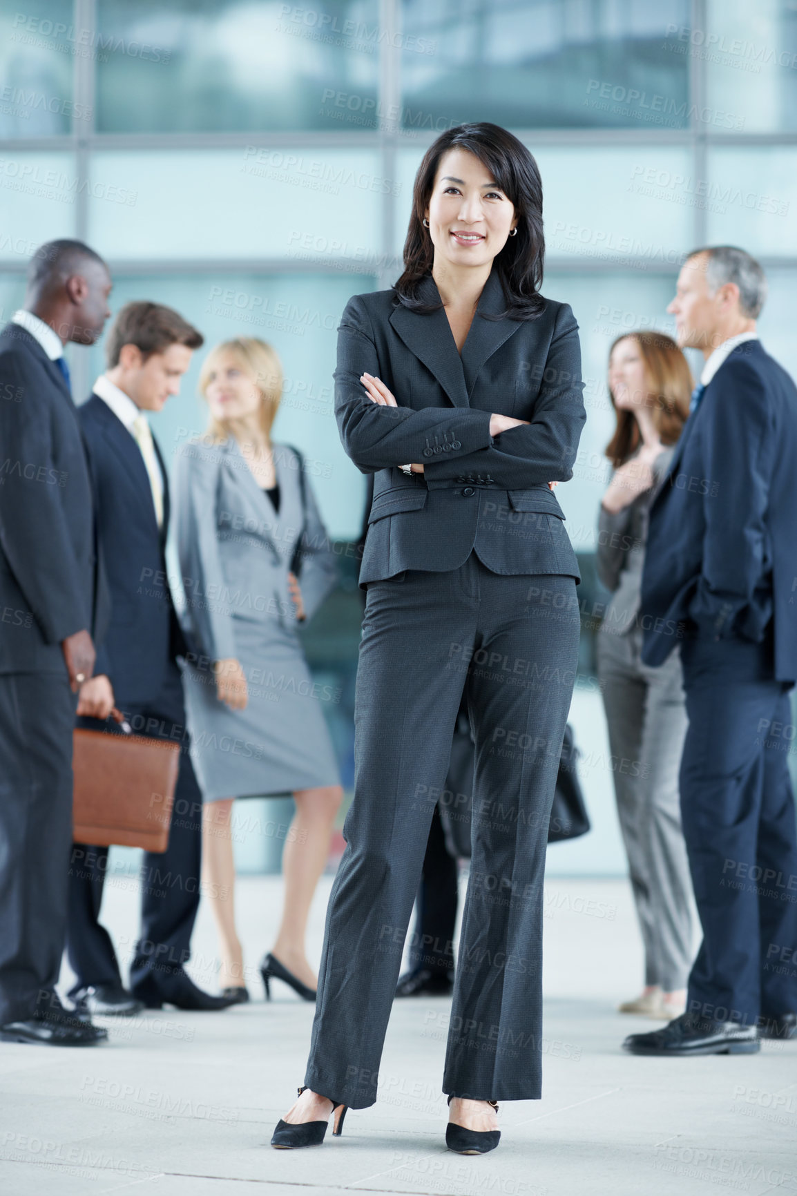 Buy stock photo Arms crossed, smile and portrait of business woman at conference for networking, seminar and convention. Tradeshow event, corporate and mission with employee in lobby for about us, happy and forum