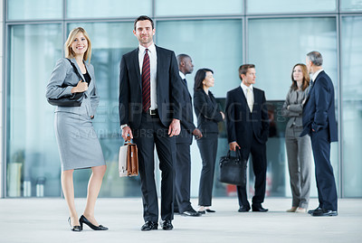 Buy stock photo Happy, conference and portrait of business people in office for risk analysis event, expo and pride. Corporate summit, insurance broker workshop and about us with employees in lobby at seminar