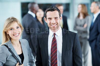 Buy stock photo Team, conference and portrait of business people in office for risk analysis event, expo and pride. Corporate summit, insurance broker workshop and about us with employees in lobby at seminar