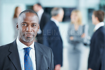 Buy stock photo Portrait, professional and conference with business man as keynote speaker, broker expo or event. Trading expert, tradeshow and about us with mature employee at convention center for investor seminar
