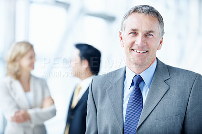 Buy stock photo Portrait, smile and conference with business man as keynote speaker, broker expo or event. Workshop, tradeshow and about us with mature employee at convention center for investor seminar and happy