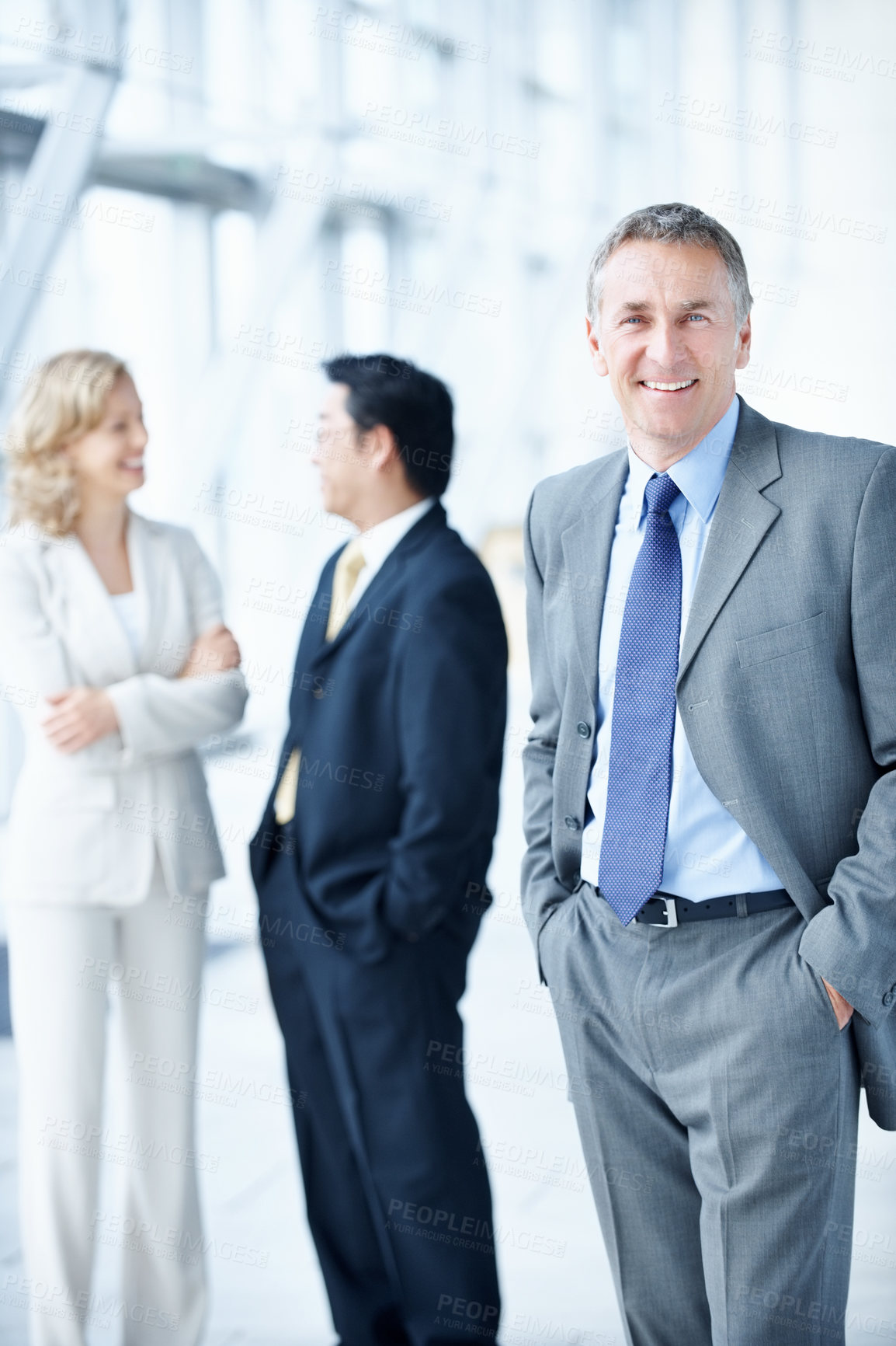 Buy stock photo Portrait, happy and seminar with business man as keynote speaker, broker expo or team. Smile, tradeshow or about us with mature employee at convention center for investor conference and professional
