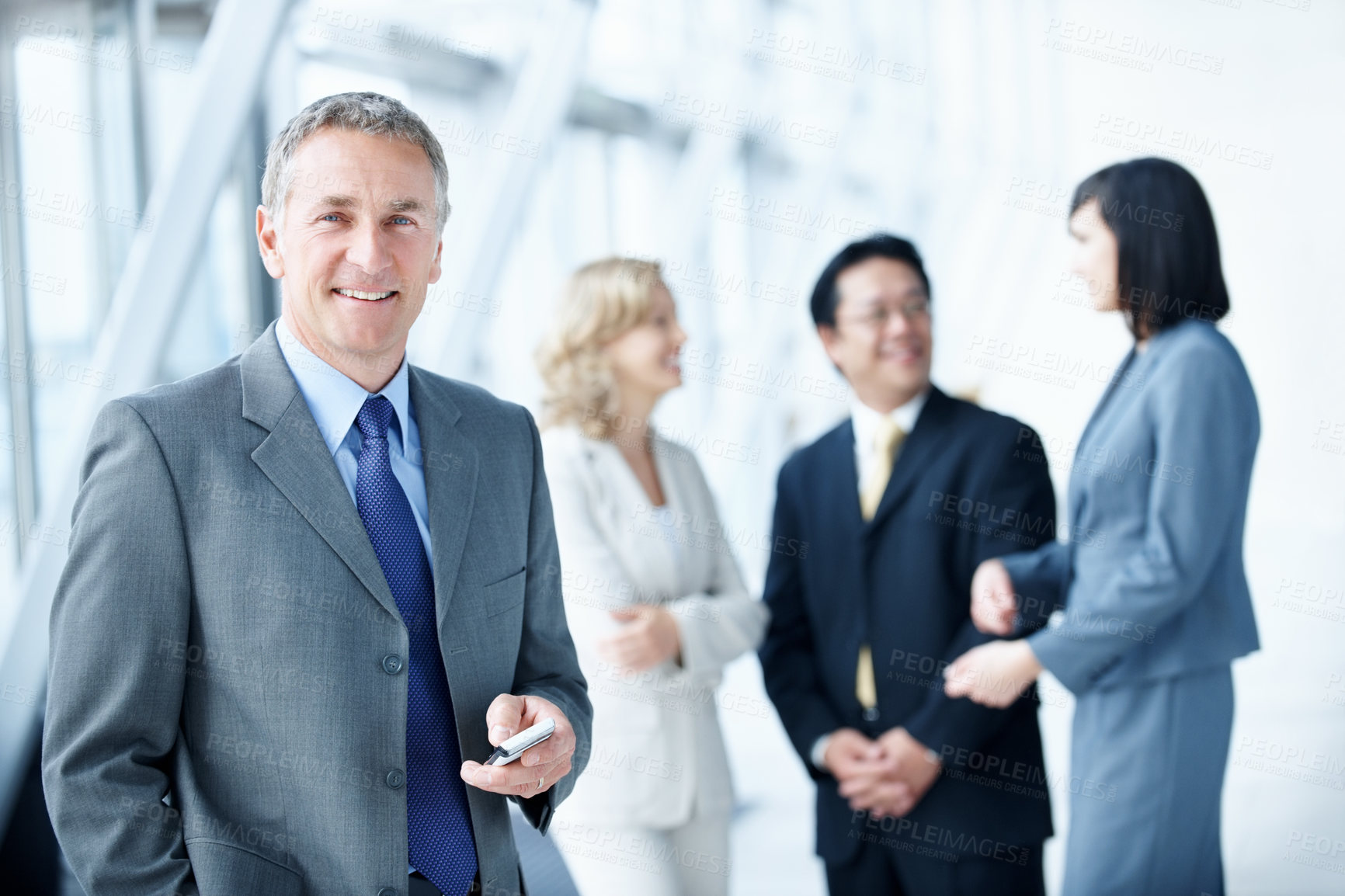 Buy stock photo Phone, portrait and happy with business man at conference for communication seminar itinerary or contact. Expo schedule, smile and event venue with mature person for keynote speaker list and mobile