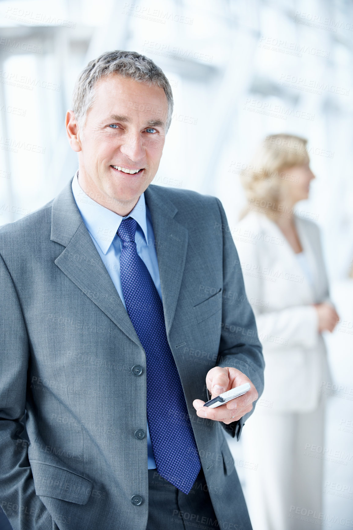 Buy stock photo Phone, portrait and business man at conference for communication seminar itinerary or contact. Expo schedule, networking and event venue with mature person for online, keynote speaker list and search