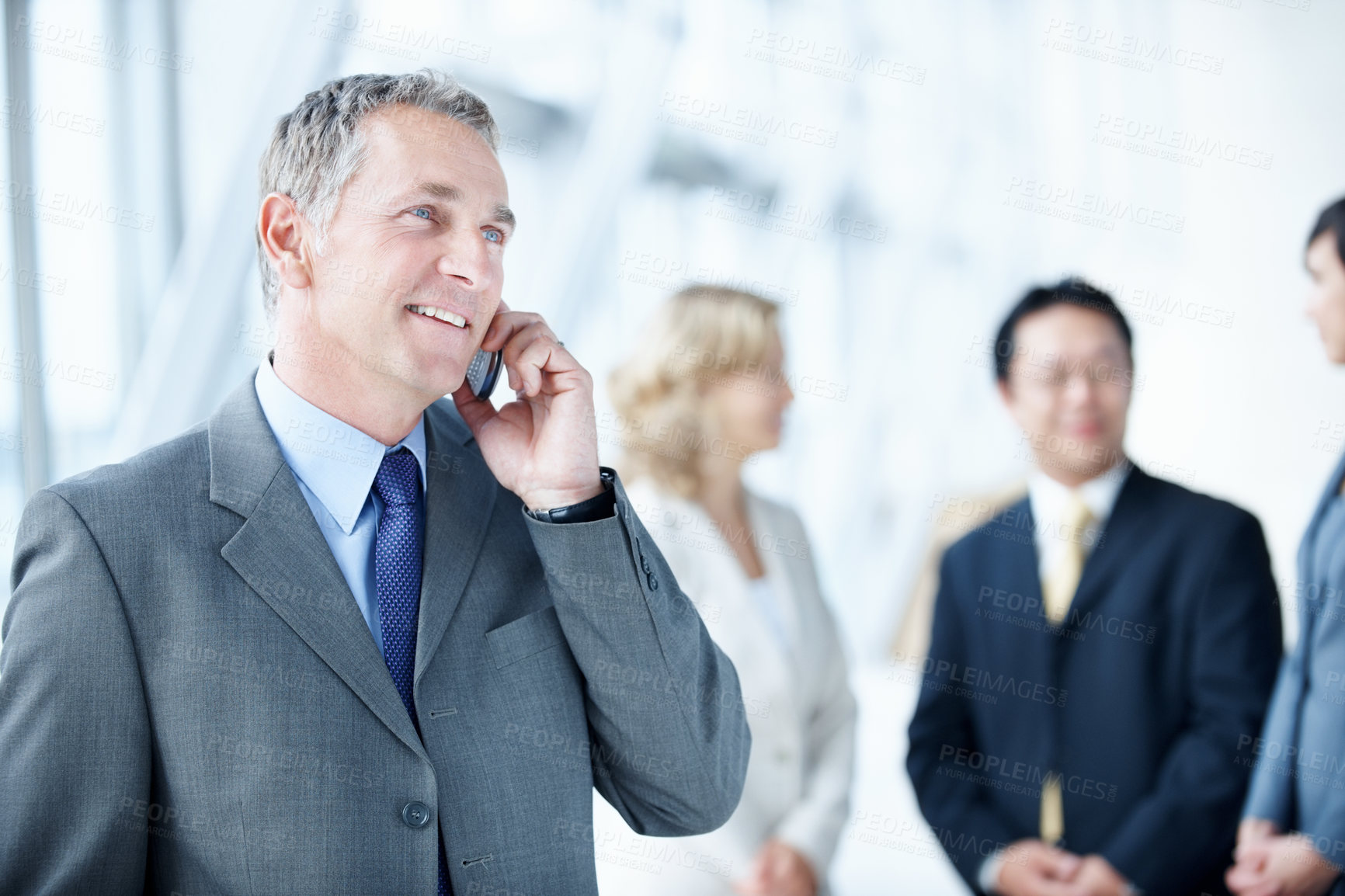 Buy stock photo Phone call, happy and conference with business man for negotiation, communication and tradeshow update. Networking, conversation and mediator chat with mature person for space, expo and convention