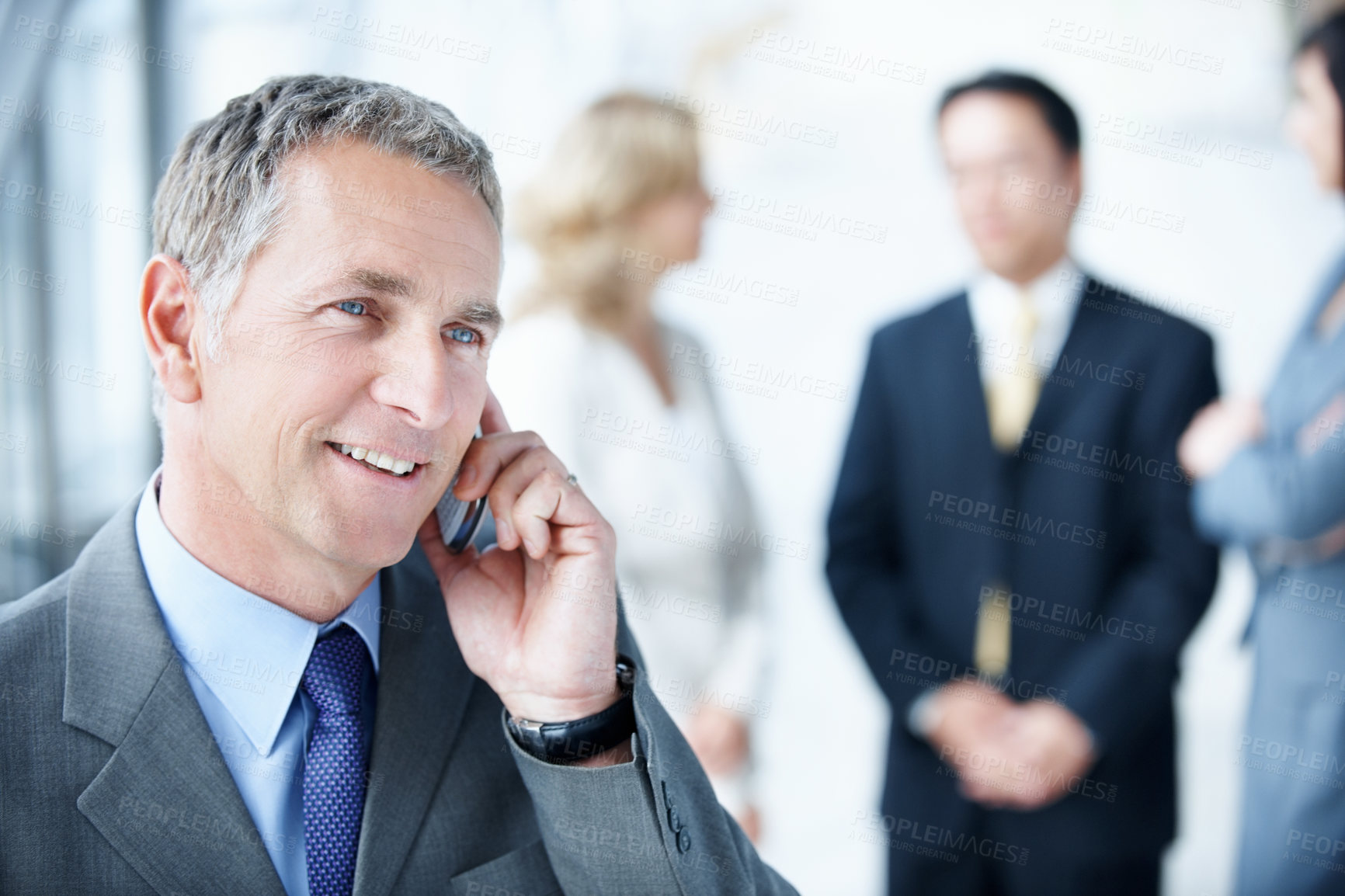 Buy stock photo Phone call, smile and seminar with business man for negotiation, communication and tradeshow update. Networking, conversation and mediator chat with mature person for conference, expo and cellphone