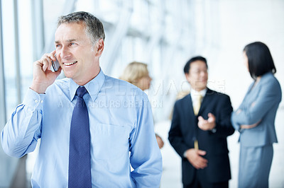 Buy stock photo Phone call, happy and conference with business man for negotiation, communication and tradeshow update. Networking, conversation and mediator chat with mature person for mobile, expo and convention