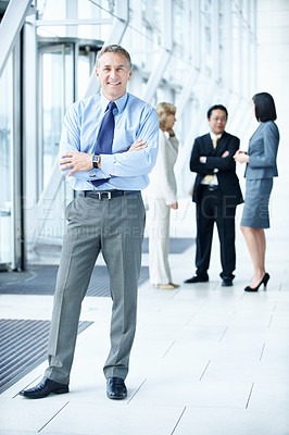 Buy stock photo Portrait, arms crossed and professional with business man for sales convention, corporate and about us. Negotiation upskill workshop, coworkers and regional manager with mature employee in lobby
