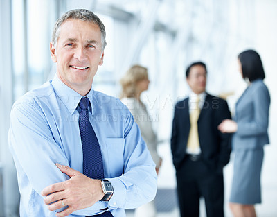 Buy stock photo Business, man or happy with arms crossed in office for legal counsel, career experience or about us. Staff, mature attorney and portrait at firm for practice management, corporate justice and leader