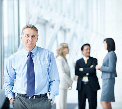 Buy stock photo Portrait, conference and professional with business man for sales convention, corporate and about us. Negotiation upskill workshop, team and regional manager with mature employee for seminar