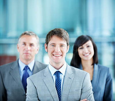 Buy stock photo Portrait, conference and businessman in lobby for corporate workshop, seminar and convention. Financial agency, professional office or group of people for networking event, finance expo or leadership