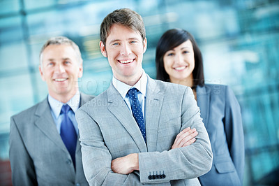 Buy stock photo Team, office and portrait of business man, crossed arms and consultants for investment agency. Corporate, collaboration and happy people for about us, confidence and leadership for finance career
