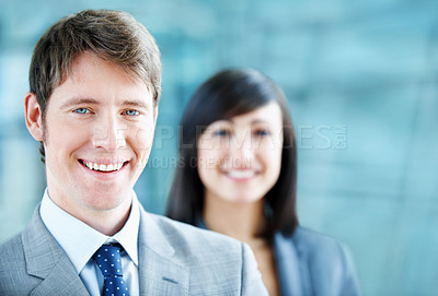 Buy stock photo Happy, portrait or businessman with smile in lobby for career, about us or financial conference. Consultant, team and proud finance advisor in office with ambition, corporate event or opportunity