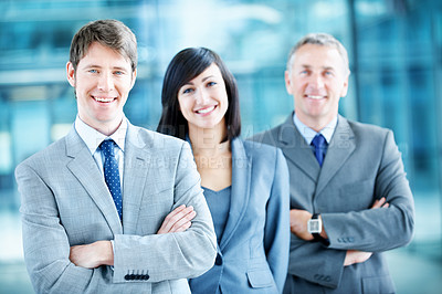 Buy stock photo Corporate, office and portrait of business people, team and consultants for investment agency. Professional, collaboration and men with woman for about us, pride and crossed arms for financial leader