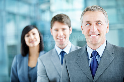 Buy stock photo Corporate, office and portrait of man with team, financial consultants and pride for insurance company. Manager, leadership and business people with boss, about us and happy for finance executives