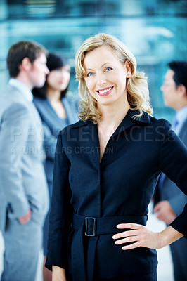 Buy stock photo Portrait, confidence and business woman in lobby for conference workshop, seminar and convention. Financial agency, professional office and mature person for networking event, finance expo or meeting