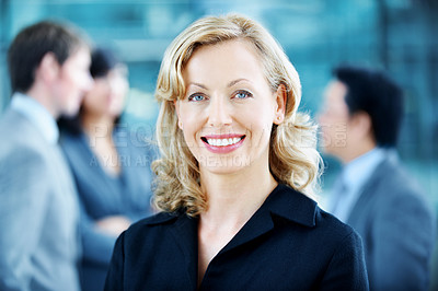 Buy stock photo Portrait, confidence and business woman in lobby for networking workshop, seminar and convention. Financial agency, professional office and people for conference event, finance expo or meeting