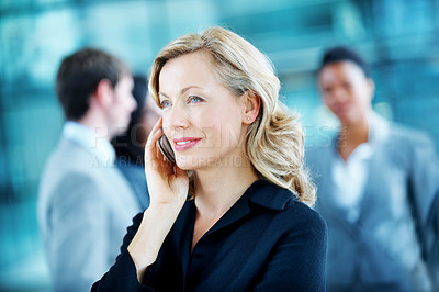 Buy stock photo Phone call, talking and business woman in office for planning, client negotiation and account broker. Communication, networking and consultant with person and tech for contact, discussion or advice
