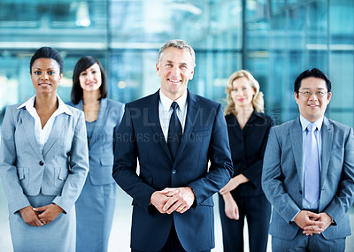 Buy stock photo Team, portrait and leadership with business man at conference for mission, corporate seminar and pride. Solidarity, financial summit and workshop with employees in lobby for b2b event and about us