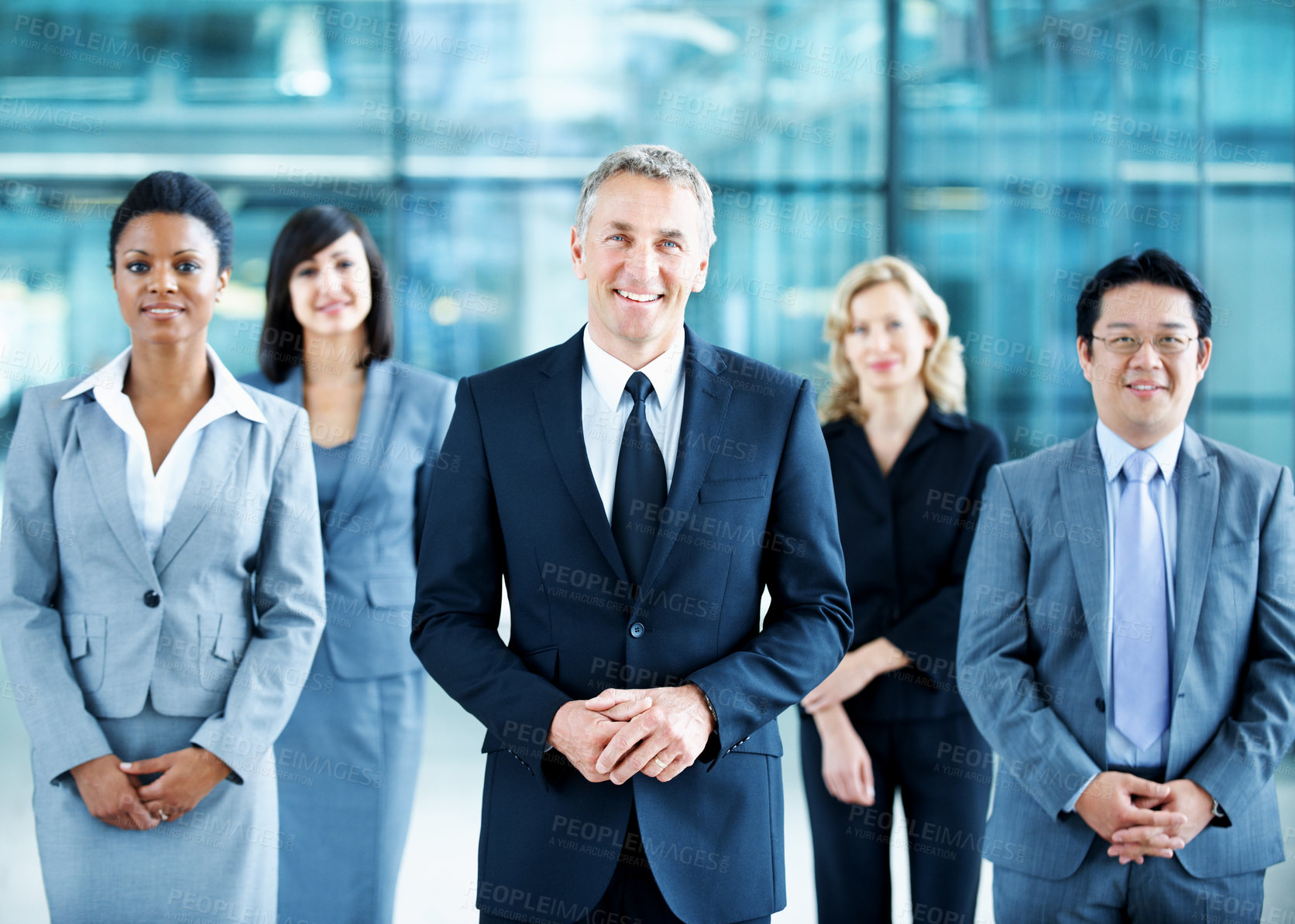 Buy stock photo Team, portrait and leadership with business man at conference for mission, corporate seminar and pride. Solidarity, financial summit and workshop with employees in lobby for b2b event and about us