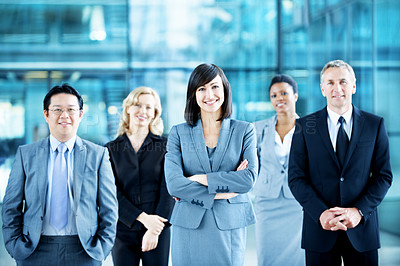Buy stock photo Team, portrait and smile with business people at conference for mission, corporate seminar and pride. Solidarity, financial summit and workshop with employees in lobby for b2b event and about us
