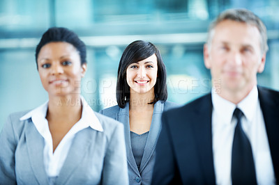Buy stock photo Team, portrait and happy with business woman at conference for mission, corporate seminar and pride. Solidarity, financial summit and workshop with employees in lobby for b2b event and about us