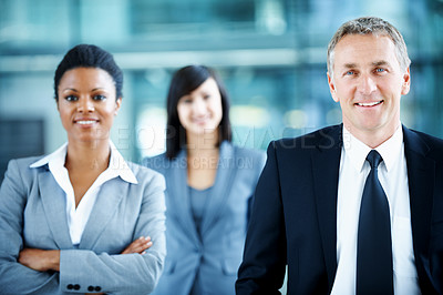 Buy stock photo Team, portrait and career with business people at conference for mission, corporate seminar and pride. Solidarity, financial summit and workshop with employees in lobby for b2b event and about us