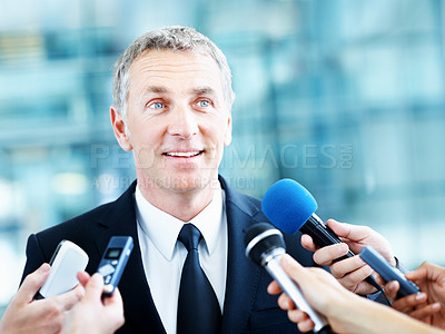 Buy stock photo Interview, senator and feedback with man and microphone for journalist, political campaign and reporter. News broadcast, press conference and government ambassador with mature person as speaker