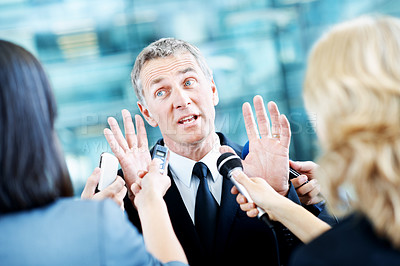 Buy stock photo Journalist, scandal and microphone with business man in office for insider trading, interview and speaker. Market manipulation, press release and news broadcast with people  for information leak