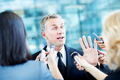 Buy stock photo News, scandal and microphone with business man in office for insider trading, journalist and speaker. Market manipulation, press release and interview broadcast with people for information leak