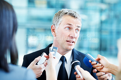 Buy stock photo Interview, journalist and event with man and microphone for senator, political campaign and reporter. News broadcast, press conference and government ambassador with people for speaker and election