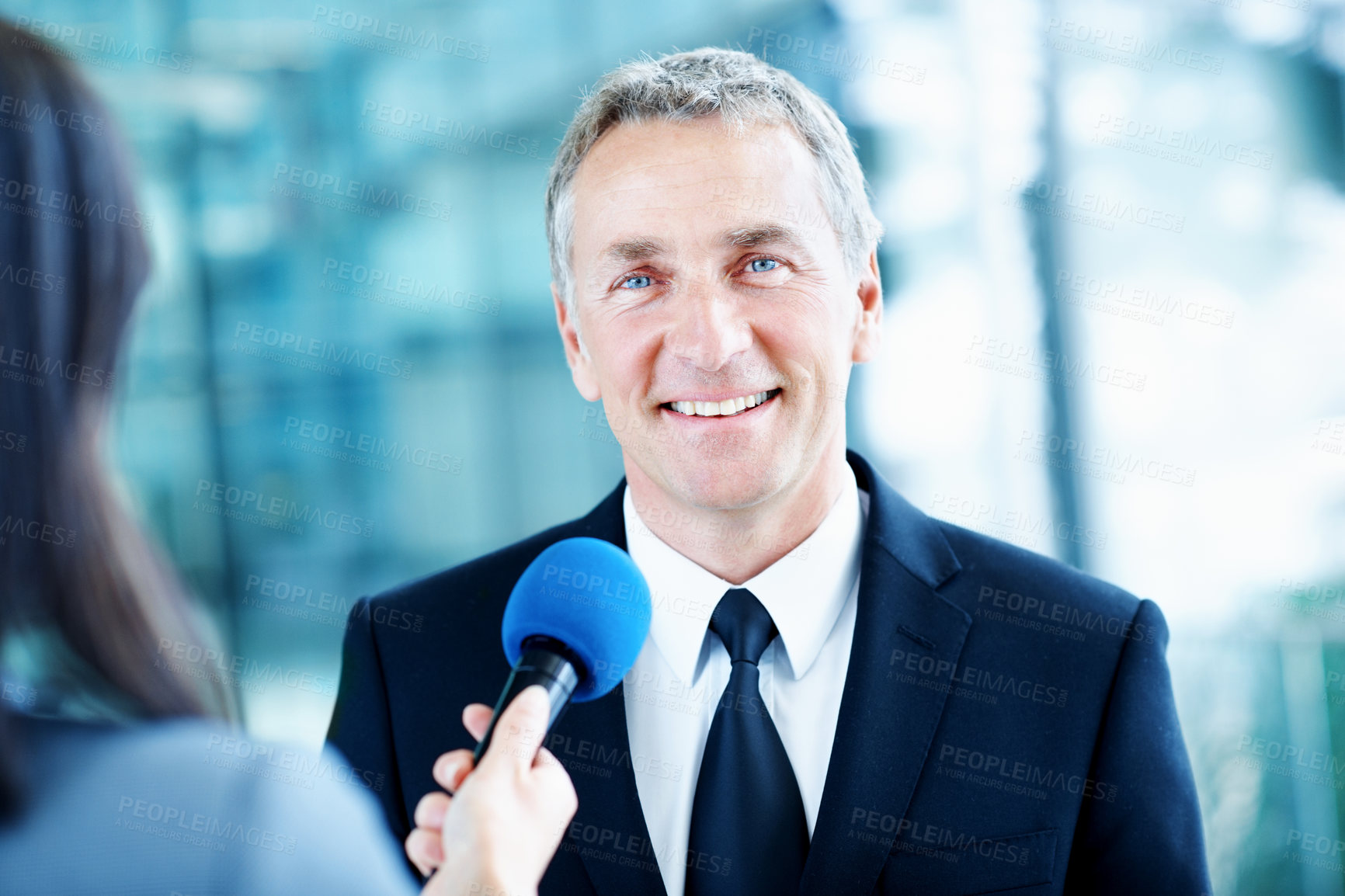 Buy stock photo Interview, journalist and portrait with man and microphone for senator, political campaign and reporter. News broadcast, press conference and government ambassador with mature person for election