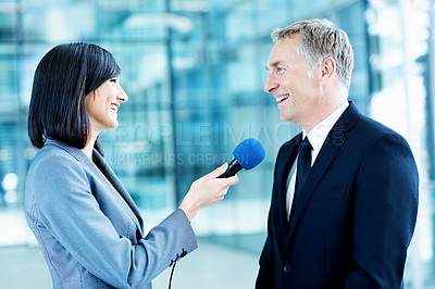 Buy stock photo Interview, journalist and smile with people and microphone for senator, political campaign and reporter. News broadcast, press conference and government ambassador with man and woman for election